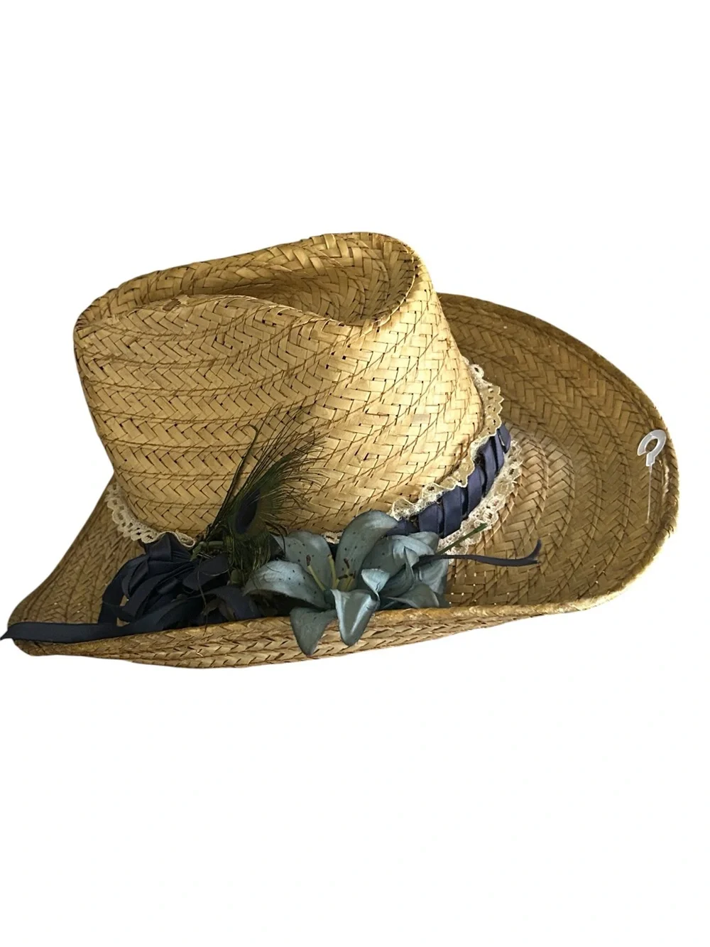 Embellished Straw Cowboy Hat Rustic Pinched Front Upturned Brim